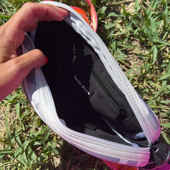 Gray Camouflage Crossbody Bag with Pink and Red Stripes - Picture 3 of 3